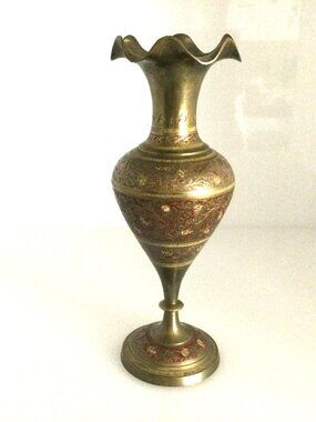 Vintage Etched Enameled Brass Vase Fluted Edge 10" tall by 3.5" wide